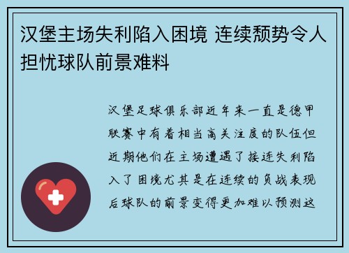 汉堡主场失利陷入困境 连续颓势令人担忧球队前景难料